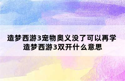 造梦西游3宠物奥义没了可以再学 造梦西游3双开什么意思